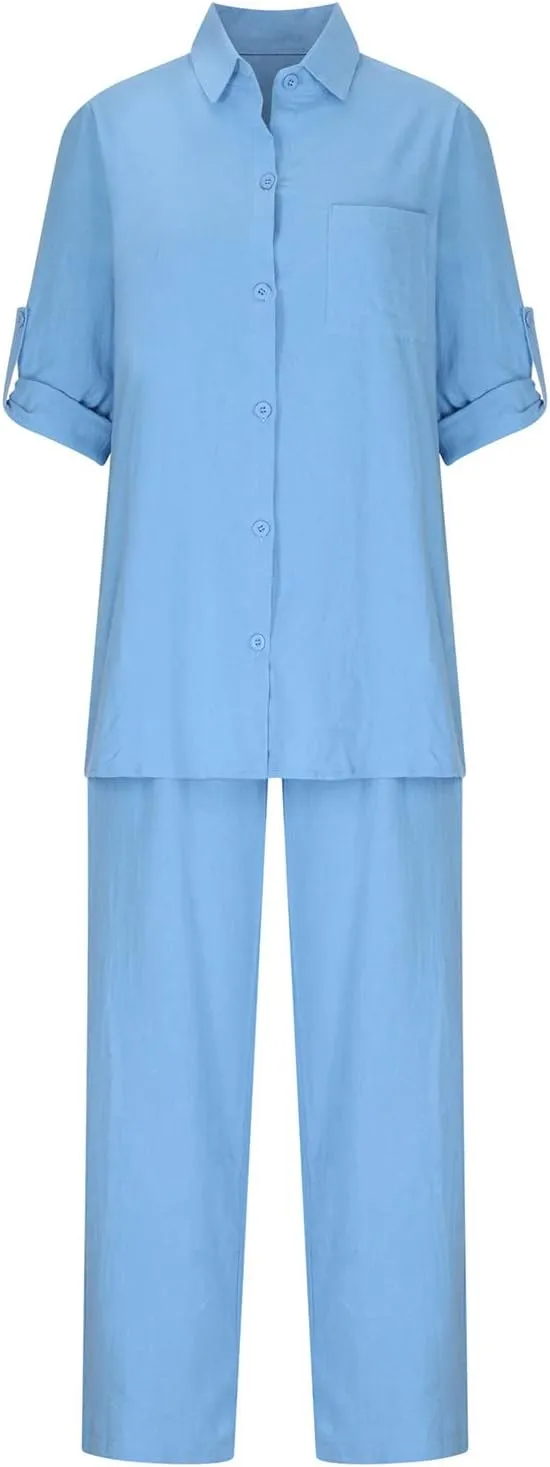 2 Piece Cotton Linen Outfits for Women Summer Dressy Business Work Suits Streetwear Button Down Tops and Pants Suit