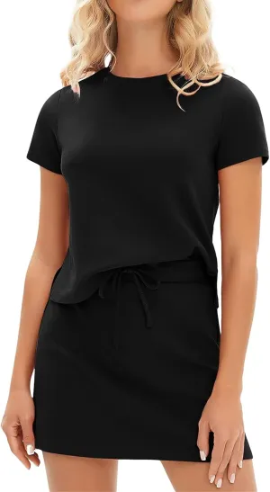 2 Piece Sets for Women Going Out Short Sleeve Crewneck Tshirt Set Drawstring Tennis Skort Set Matching Sweatsuits
