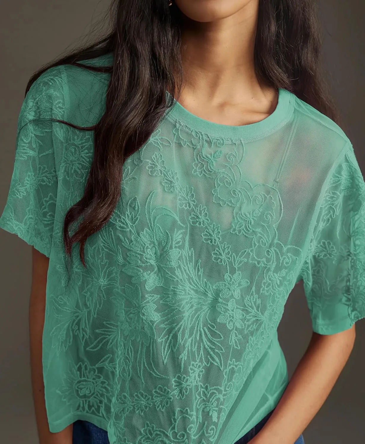 Aimiray Women's Sexy Mesh Tops Short Sleeve Round Neck Lace 3D Printed Floral Sheer Blouse See Through Layering Shirt Tops