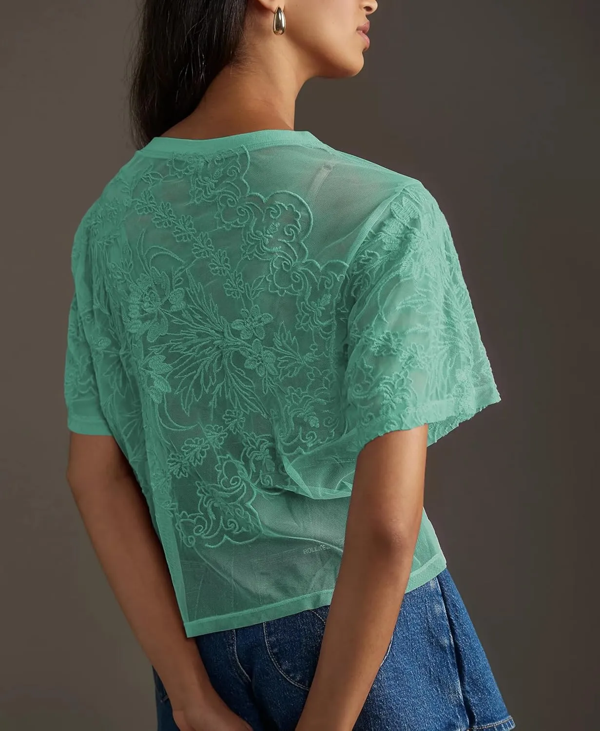Aimiray Women's Sexy Mesh Tops Short Sleeve Round Neck Lace 3D Printed Floral Sheer Blouse See Through Layering Shirt Tops
