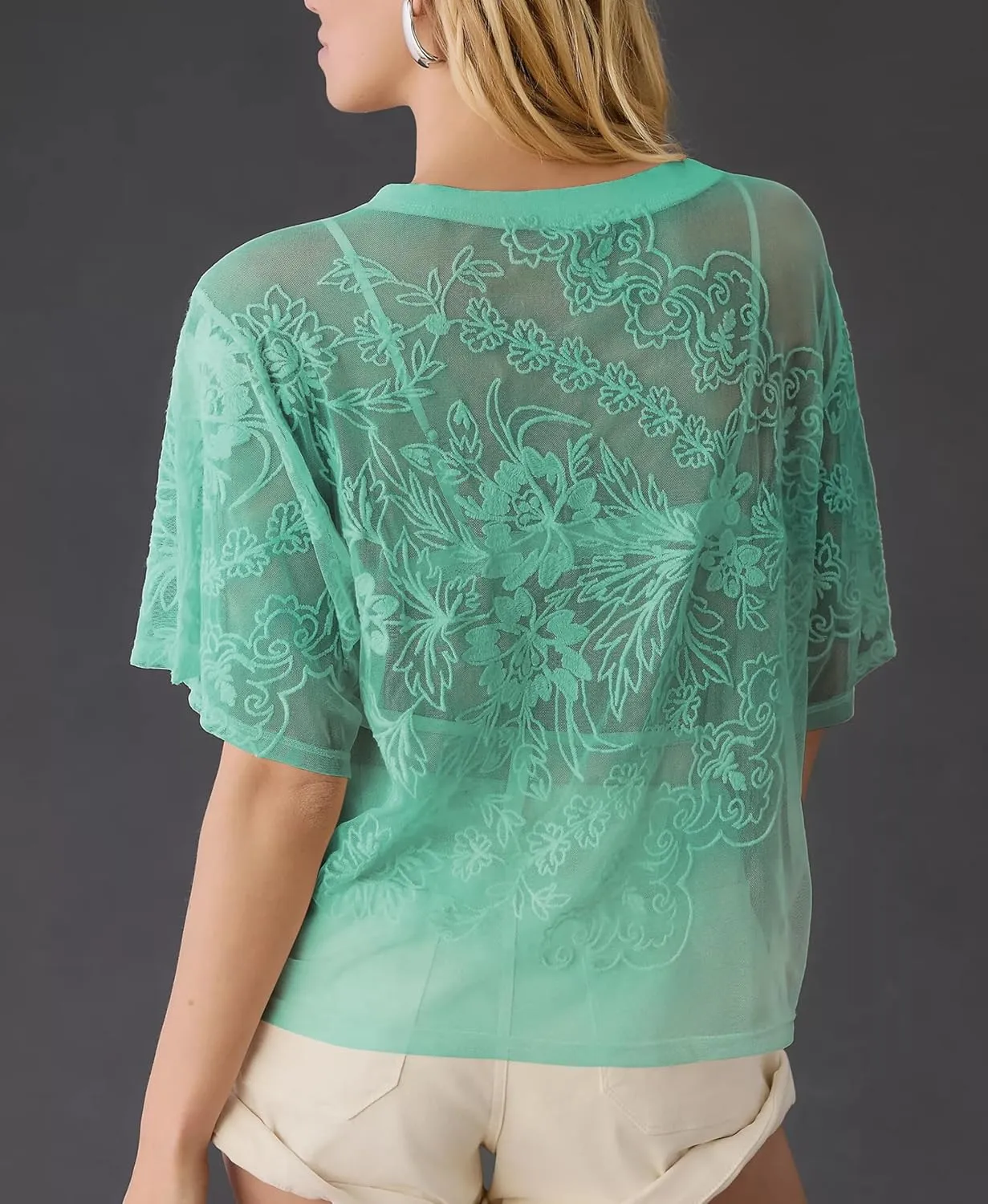 Aimiray Women's Sexy Mesh Tops Short Sleeve Round Neck Lace 3D Printed Floral Sheer Blouse See Through Layering Shirt Tops