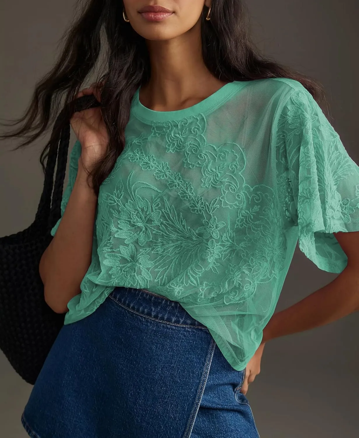 Aimiray Women's Sexy Mesh Tops Short Sleeve Round Neck Lace 3D Printed Floral Sheer Blouse See Through Layering Shirt Tops