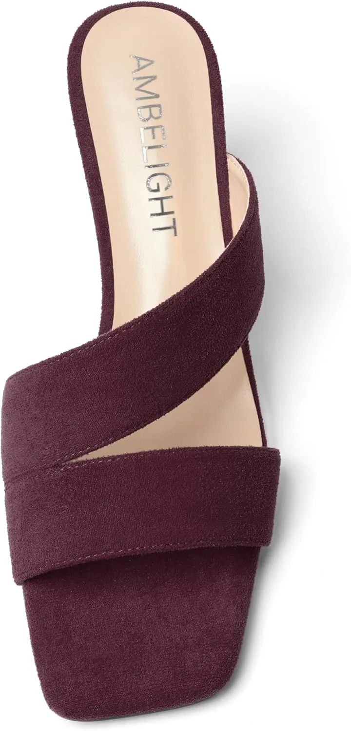 AMBELIGHT Womens Suede Slip On Square Toe Dress Solid Outdoor Kitten Mid Heel Sandals 2.5 Inch