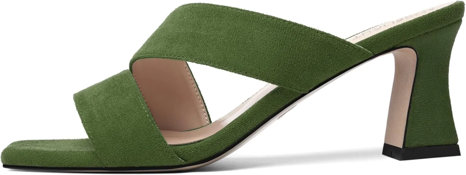 AMBELIGHT Womens Suede Slip On Square Toe Dress Solid Outdoor Kitten Mid Heel Sandals 2.5 Inch