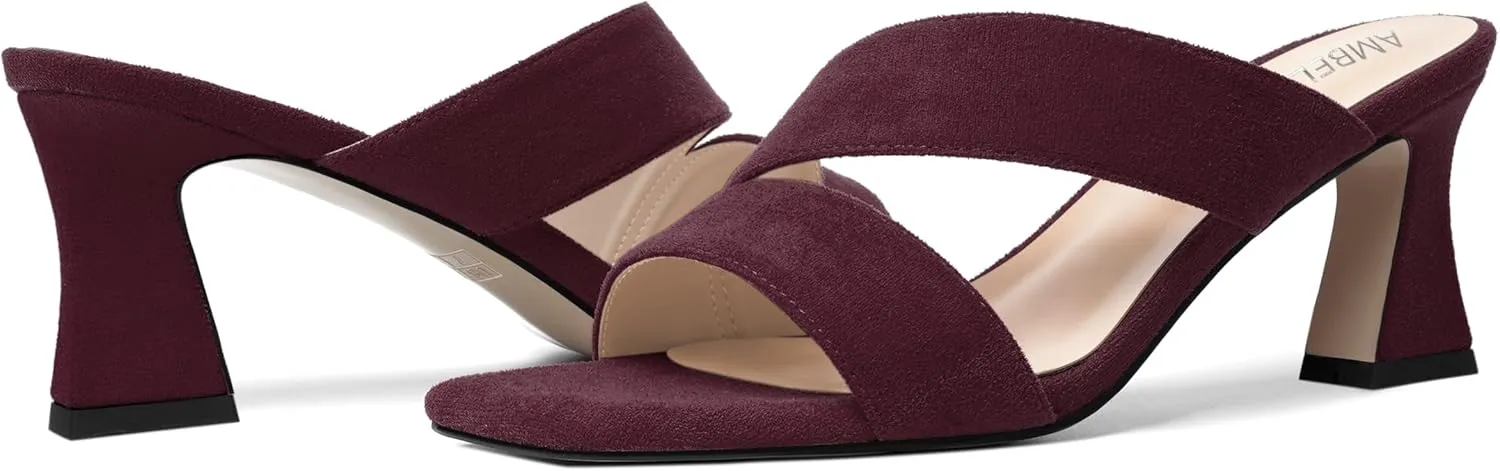 AMBELIGHT Womens Suede Slip On Square Toe Dress Solid Outdoor Kitten Mid Heel Sandals 2.5 Inch
