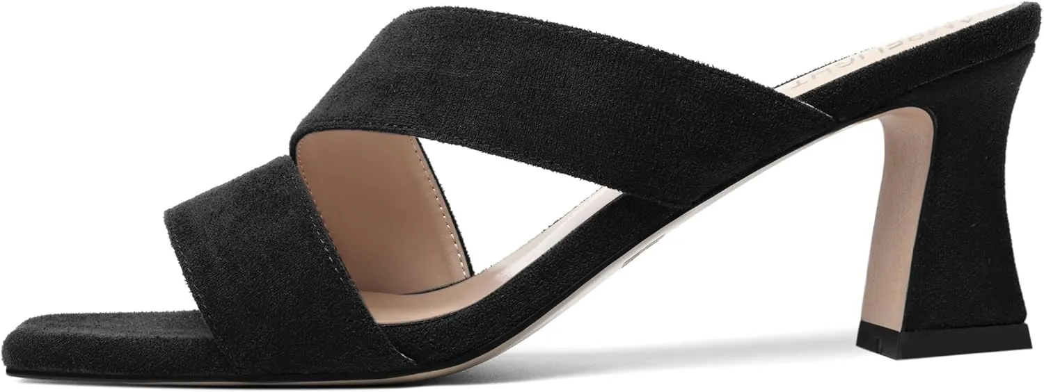 AMBELIGHT Womens Suede Slip On Square Toe Dress Solid Outdoor Kitten Mid Heel Sandals 2.5 Inch
