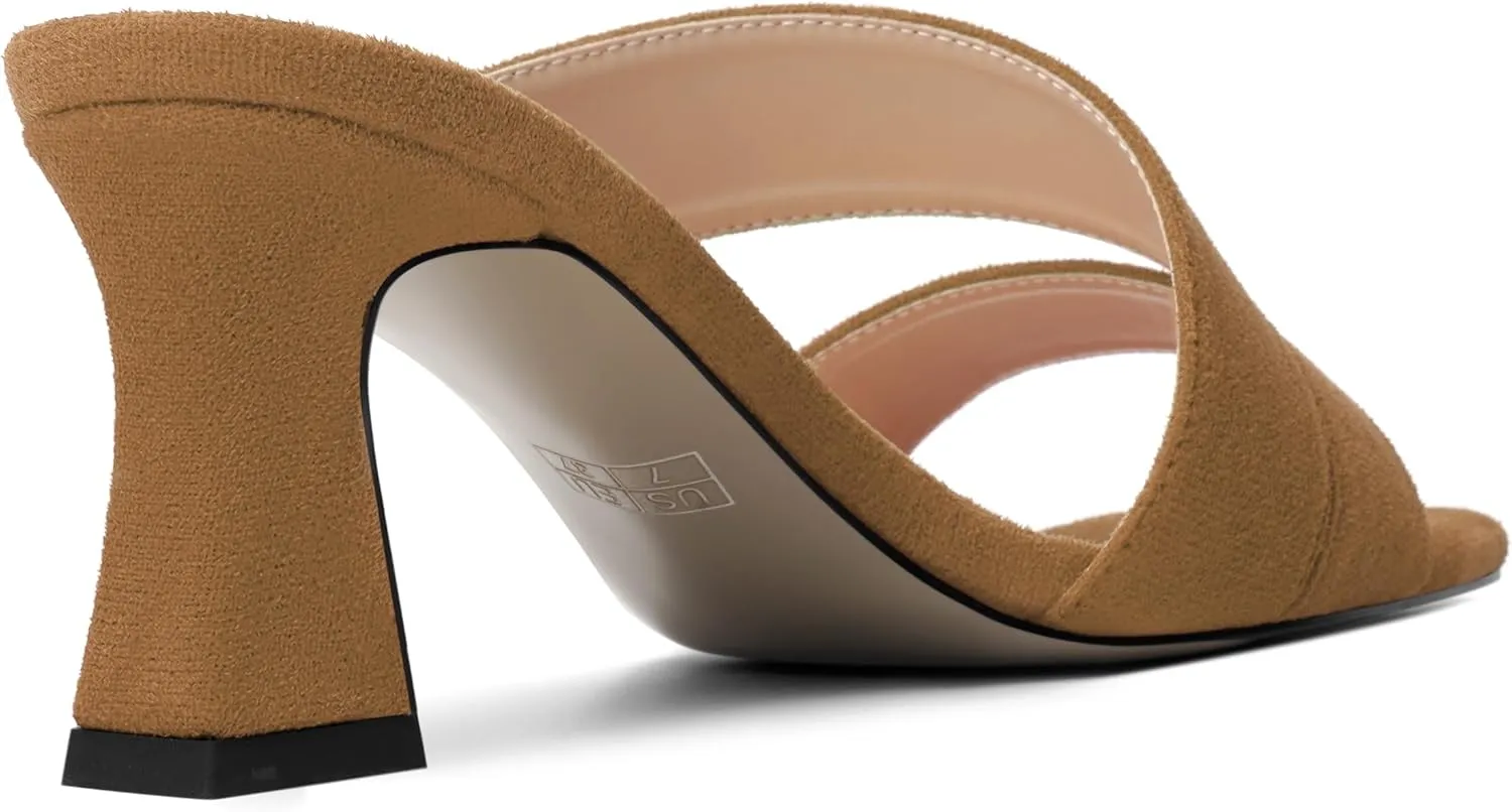 AMBELIGHT Womens Suede Slip On Square Toe Dress Solid Outdoor Kitten Mid Heel Sandals 2.5 Inch