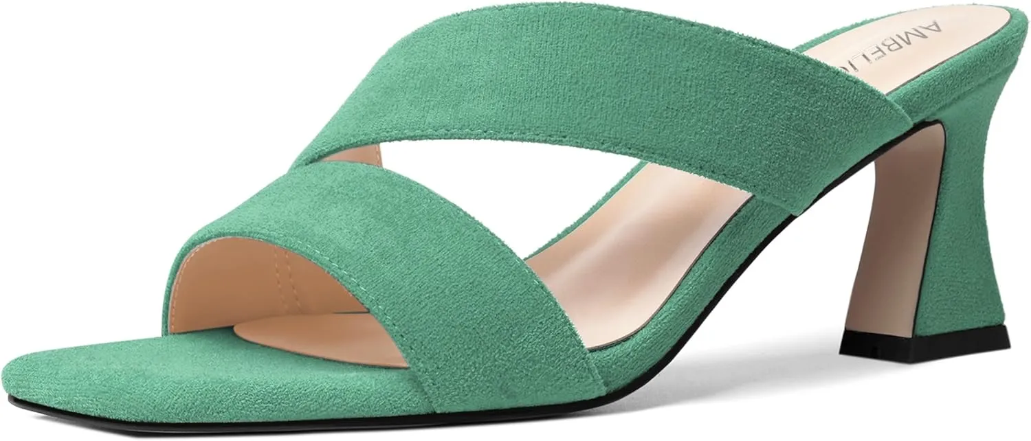 AMBELIGHT Womens Suede Slip On Square Toe Dress Solid Outdoor Kitten Mid Heel Sandals 2.5 Inch