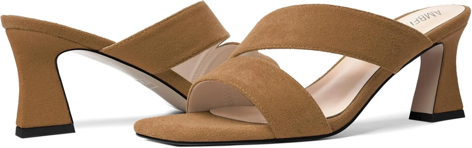 AMBELIGHT Womens Suede Slip On Square Toe Dress Solid Outdoor Kitten Mid Heel Sandals 2.5 Inch