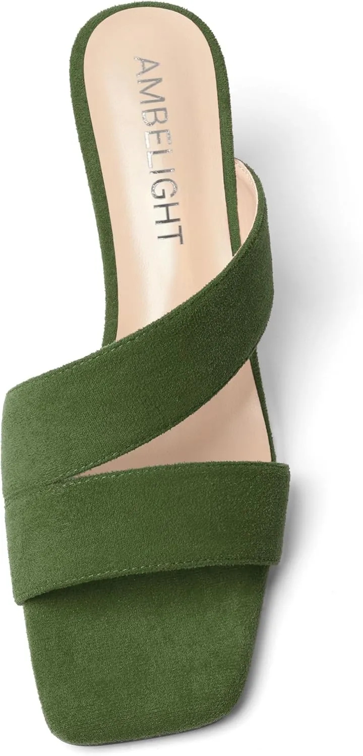 AMBELIGHT Womens Suede Slip On Square Toe Dress Solid Outdoor Kitten Mid Heel Sandals 2.5 Inch