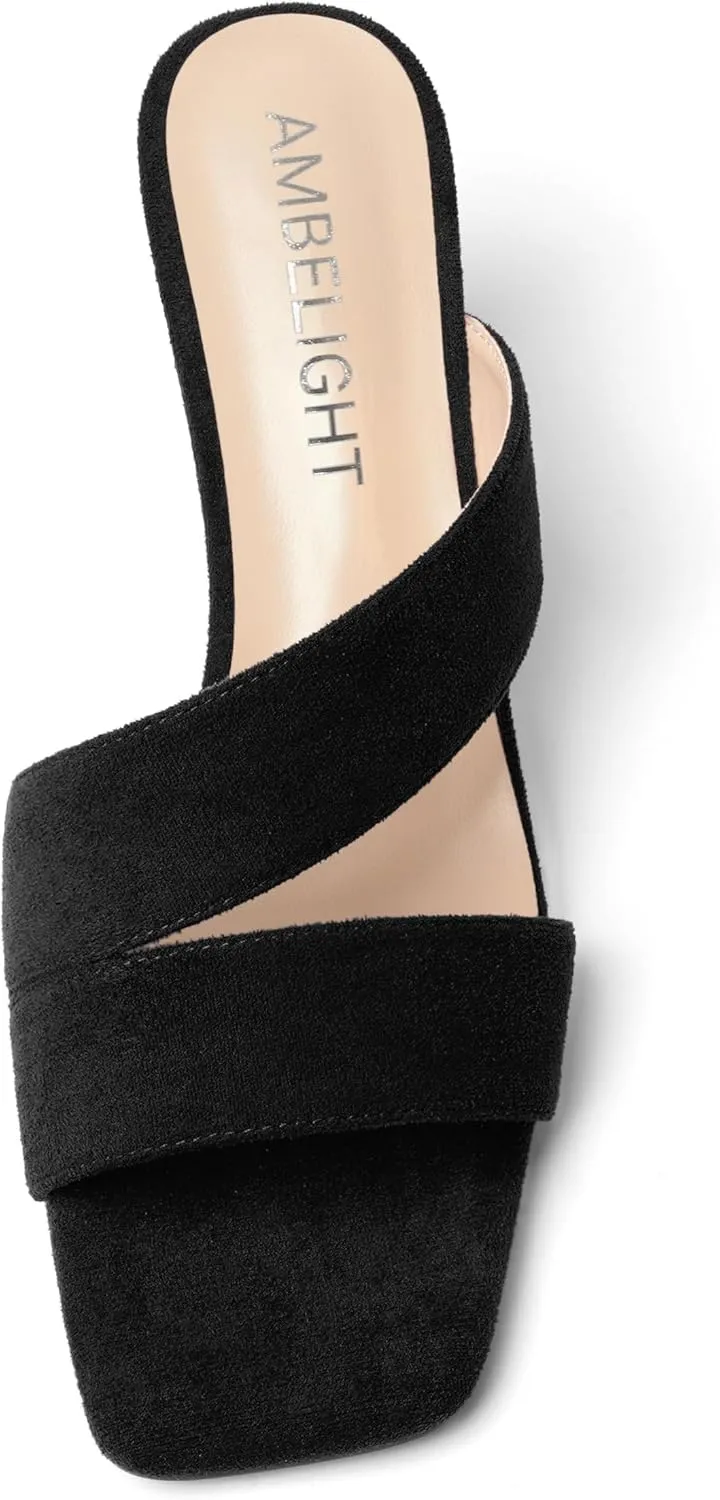 AMBELIGHT Womens Suede Slip On Square Toe Dress Solid Outdoor Kitten Mid Heel Sandals 2.5 Inch