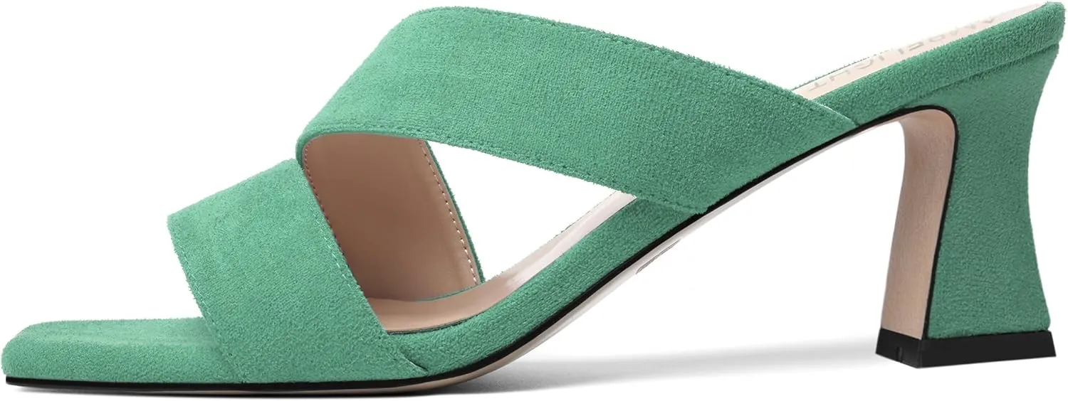 AMBELIGHT Womens Suede Slip On Square Toe Dress Solid Outdoor Kitten Mid Heel Sandals 2.5 Inch