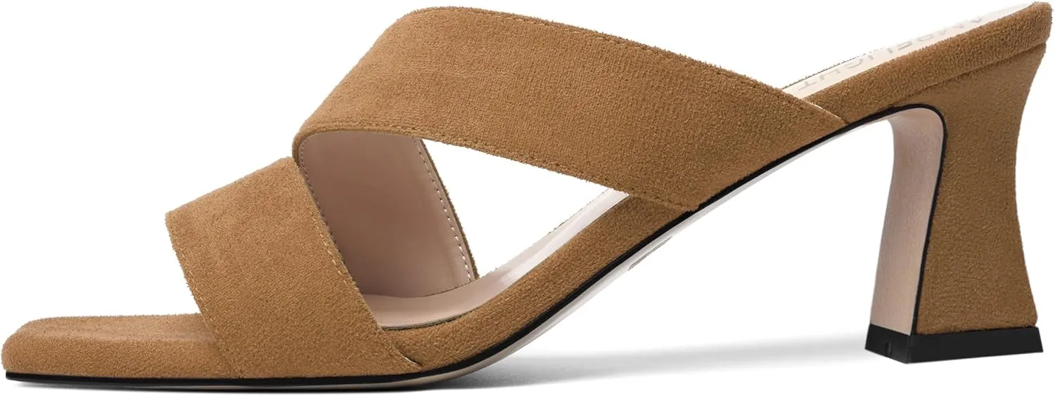 AMBELIGHT Womens Suede Slip On Square Toe Dress Solid Outdoor Kitten Mid Heel Sandals 2.5 Inch