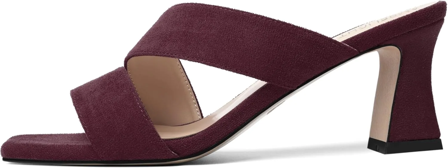 AMBELIGHT Womens Suede Slip On Square Toe Dress Solid Outdoor Kitten Mid Heel Sandals 2.5 Inch