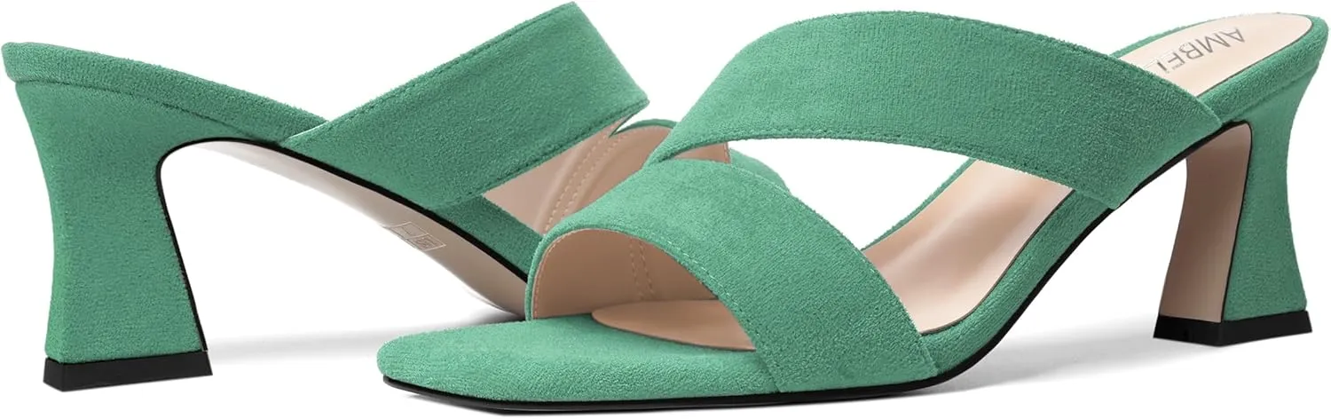 AMBELIGHT Womens Suede Slip On Square Toe Dress Solid Outdoor Kitten Mid Heel Sandals 2.5 Inch