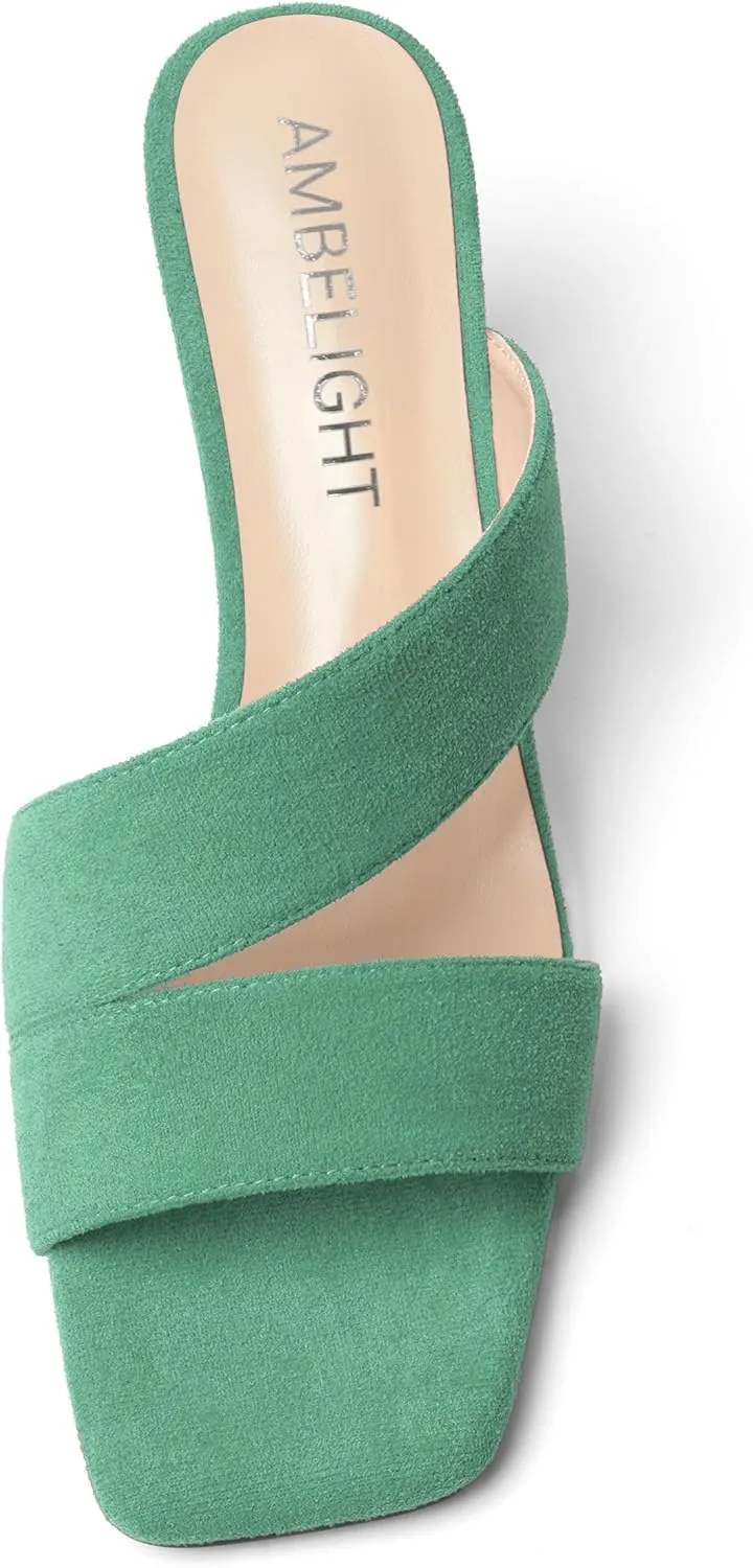 AMBELIGHT Womens Suede Slip On Square Toe Dress Solid Outdoor Kitten Mid Heel Sandals 2.5 Inch