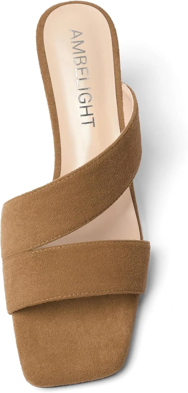 AMBELIGHT Womens Suede Slip On Square Toe Dress Solid Outdoor Kitten Mid Heel Sandals 2.5 Inch
