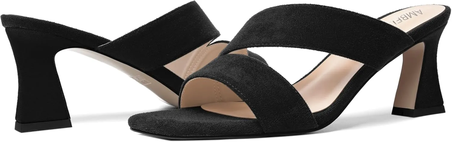 AMBELIGHT Womens Suede Slip On Square Toe Dress Solid Outdoor Kitten Mid Heel Sandals 2.5 Inch
