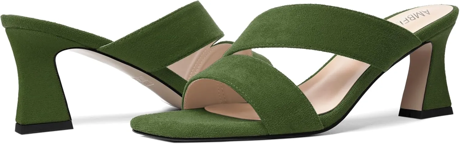 AMBELIGHT Womens Suede Slip On Square Toe Dress Solid Outdoor Kitten Mid Heel Sandals 2.5 Inch