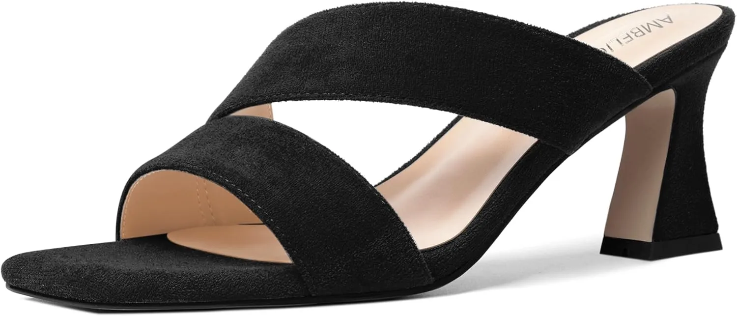 AMBELIGHT Womens Suede Slip On Square Toe Dress Solid Outdoor Kitten Mid Heel Sandals 2.5 Inch