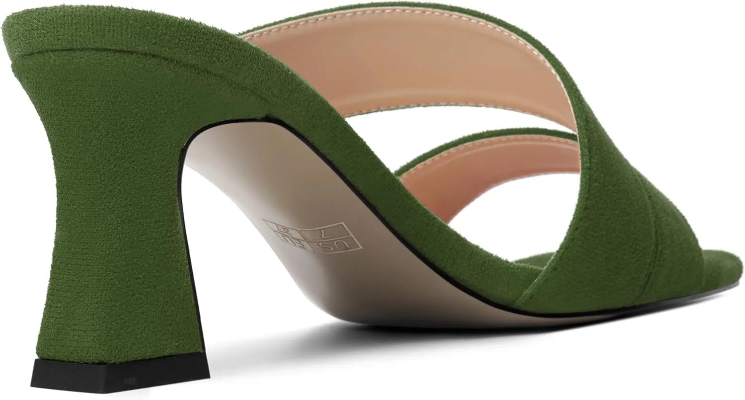 AMBELIGHT Womens Suede Slip On Square Toe Dress Solid Outdoor Kitten Mid Heel Sandals 2.5 Inch