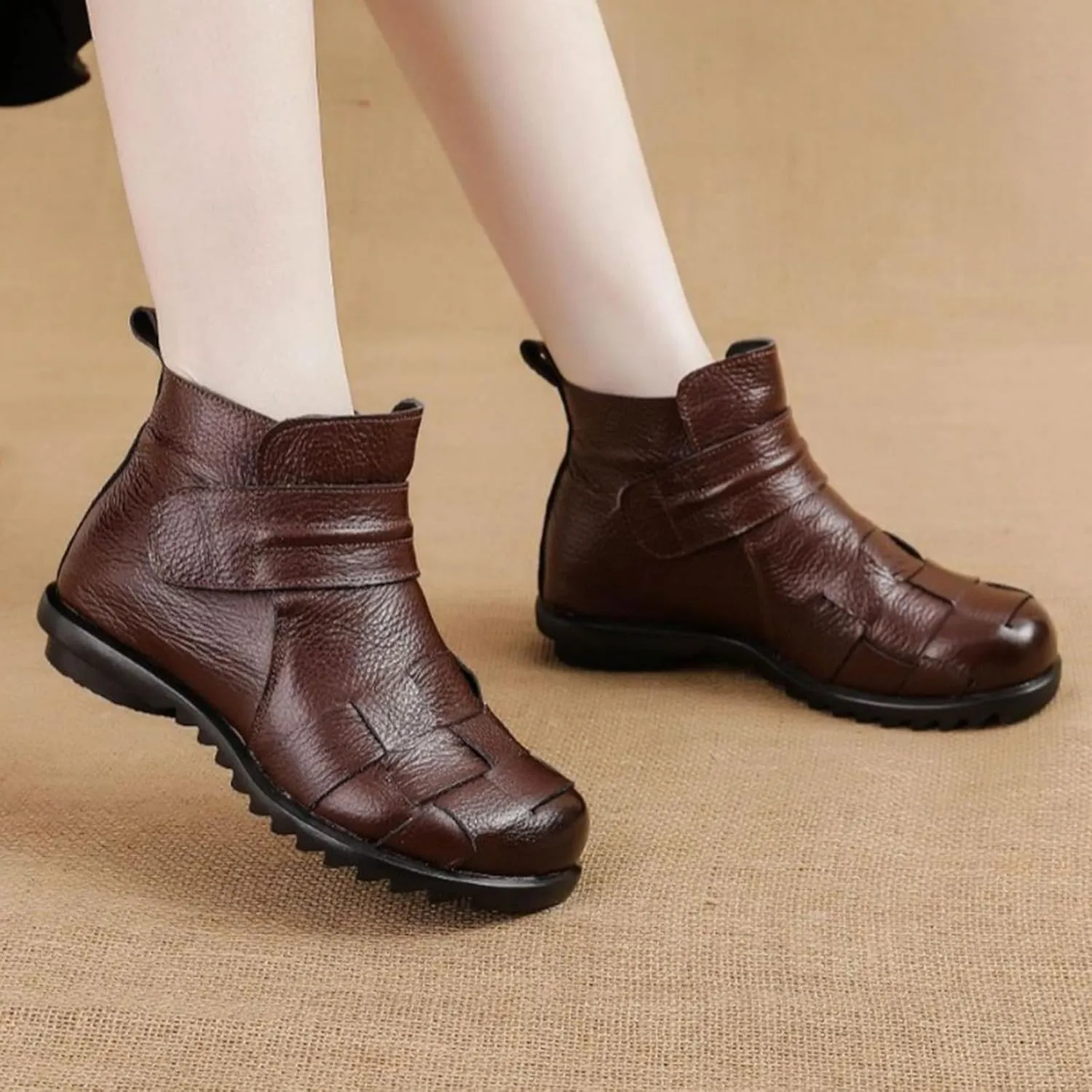 AngryMonkey Women's Winter Leather Ankle-Support Boots,Comfy Waterproof Non-slip Ox Softsole Adjustable Woven Casual Short Booties