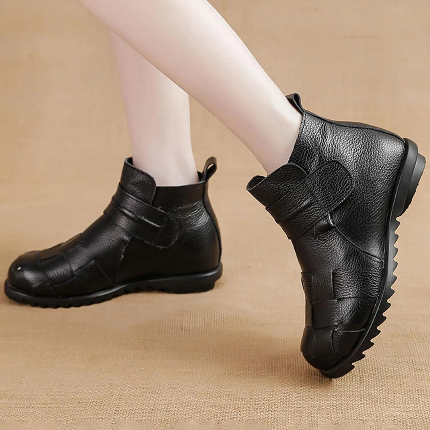 AngryMonkey Women's Winter Leather Ankle-Support Boots,Comfy Waterproof Non-slip Ox Softsole Adjustable Woven Casual Short Booties