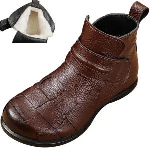 AngryMonkey Women's Winter Leather Ankle-Support Boots,Comfy Waterproof Non-slip Ox Softsole Adjustable Woven Casual Short Booties
