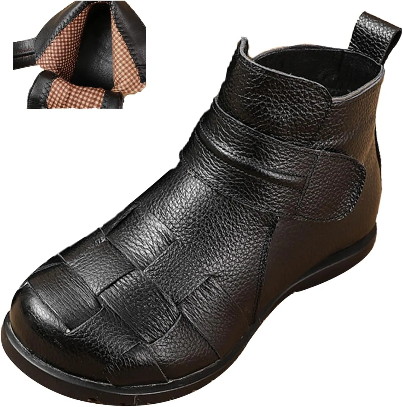 AngryMonkey Women's Winter Leather Ankle-Support Boots,Comfy Waterproof Non-slip Ox Softsole Adjustable Woven Casual Short Booties