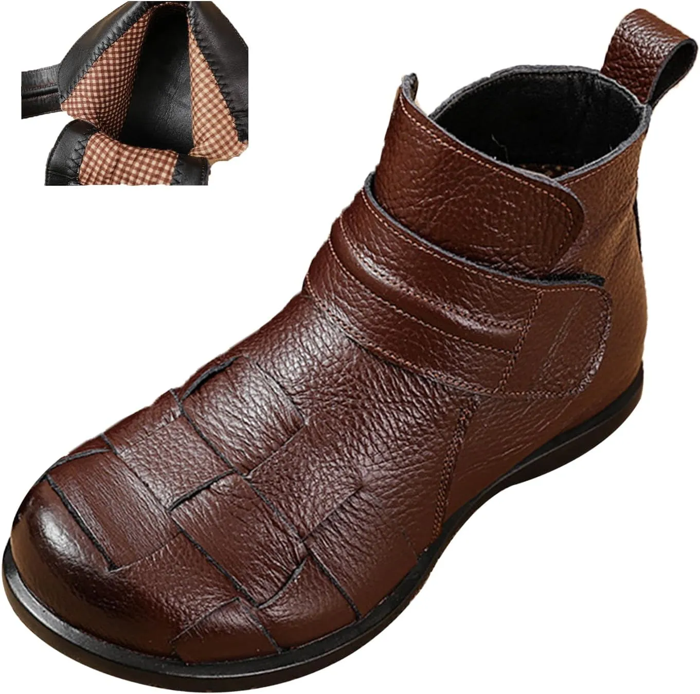 AngryMonkey Women's Winter Leather Ankle-Support Boots,Comfy Waterproof Non-slip Ox Softsole Adjustable Woven Casual Short Booties