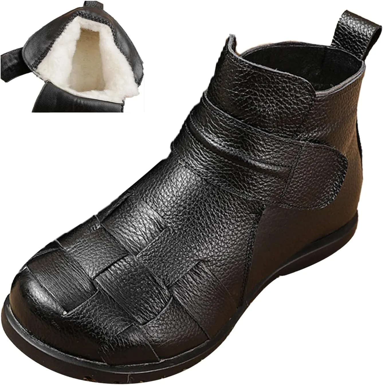 AngryMonkey Women's Winter Leather Ankle-Support Boots,Comfy Waterproof Non-slip Ox Softsole Adjustable Woven Casual Short Booties