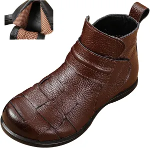 AngryMonkey Women's Winter Leather Ankle-Support Boots,Comfy Waterproof Non-slip Ox Softsole Adjustable Woven Casual Short Booties