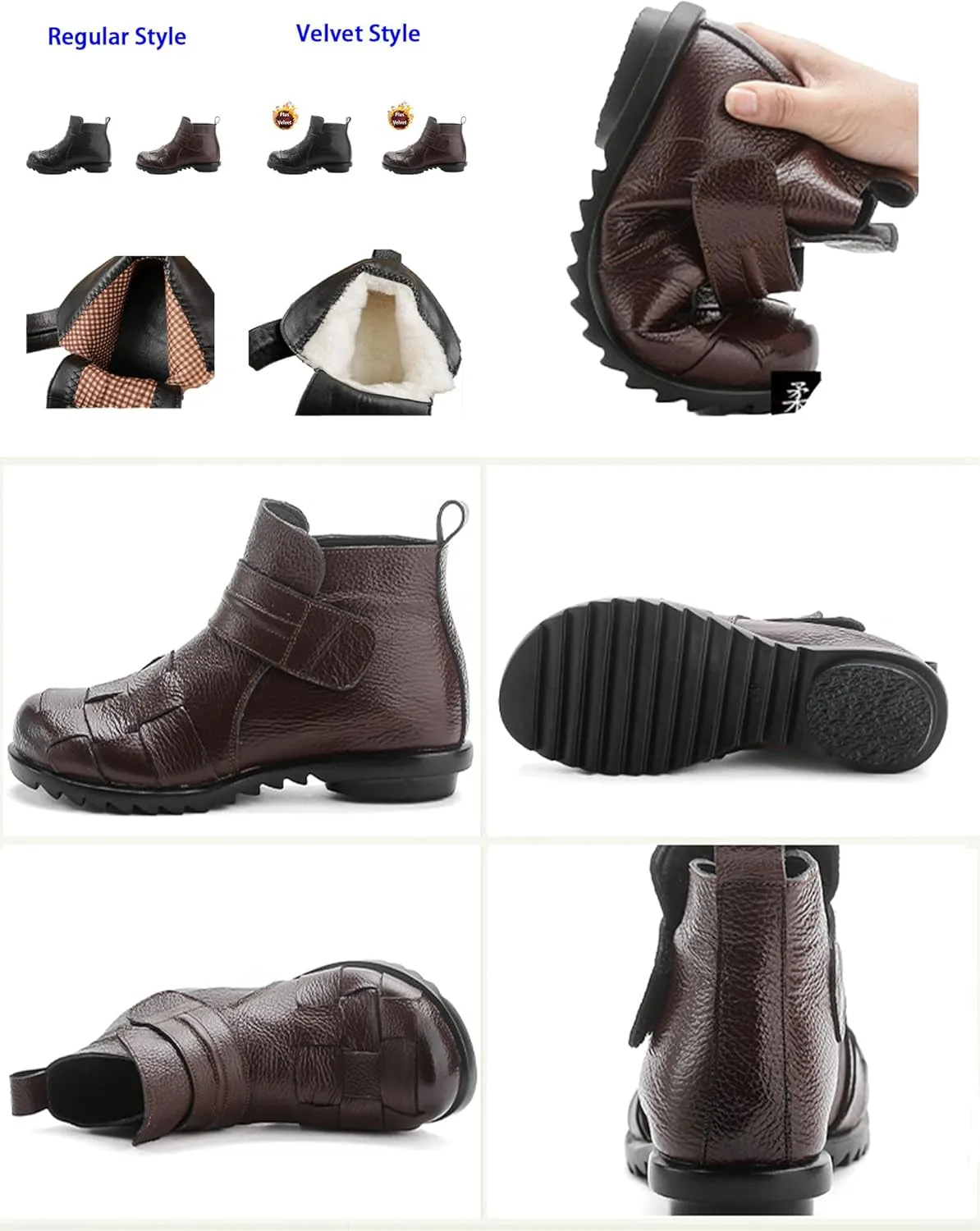 AngryMonkey Women's Winter Leather Ankle-Support Boots,Comfy Waterproof Non-slip Ox Softsole Adjustable Woven Casual Short Booties