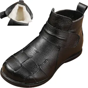 AngryMonkey Women's Winter Leather Ankle-Support Boots,Comfy Waterproof Non-slip Ox Softsole Adjustable Woven Casual Short Booties
