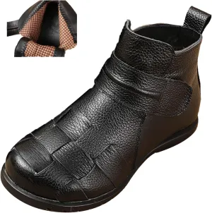 AngryMonkey Women's Winter Leather Ankle-Support Boots,Comfy Waterproof Non-slip Ox Softsole Adjustable Woven Casual Short Booties