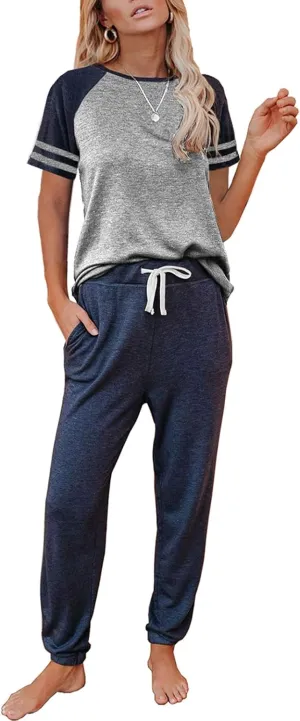 AUTOMET Lounge Sets For Women Two Piece Outfits Loungewear Short Sleeve Crewneck Jogger Pajama Set Sweatpants Tracksuit