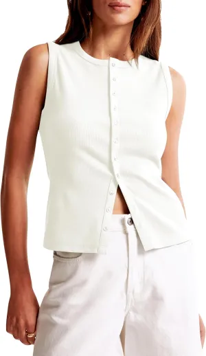 BAIGRAM Women Button Down Fitted Ribbed Tank Tops Cute Summer Sleeveless Vest Tops Going Out Y2K Trendy
