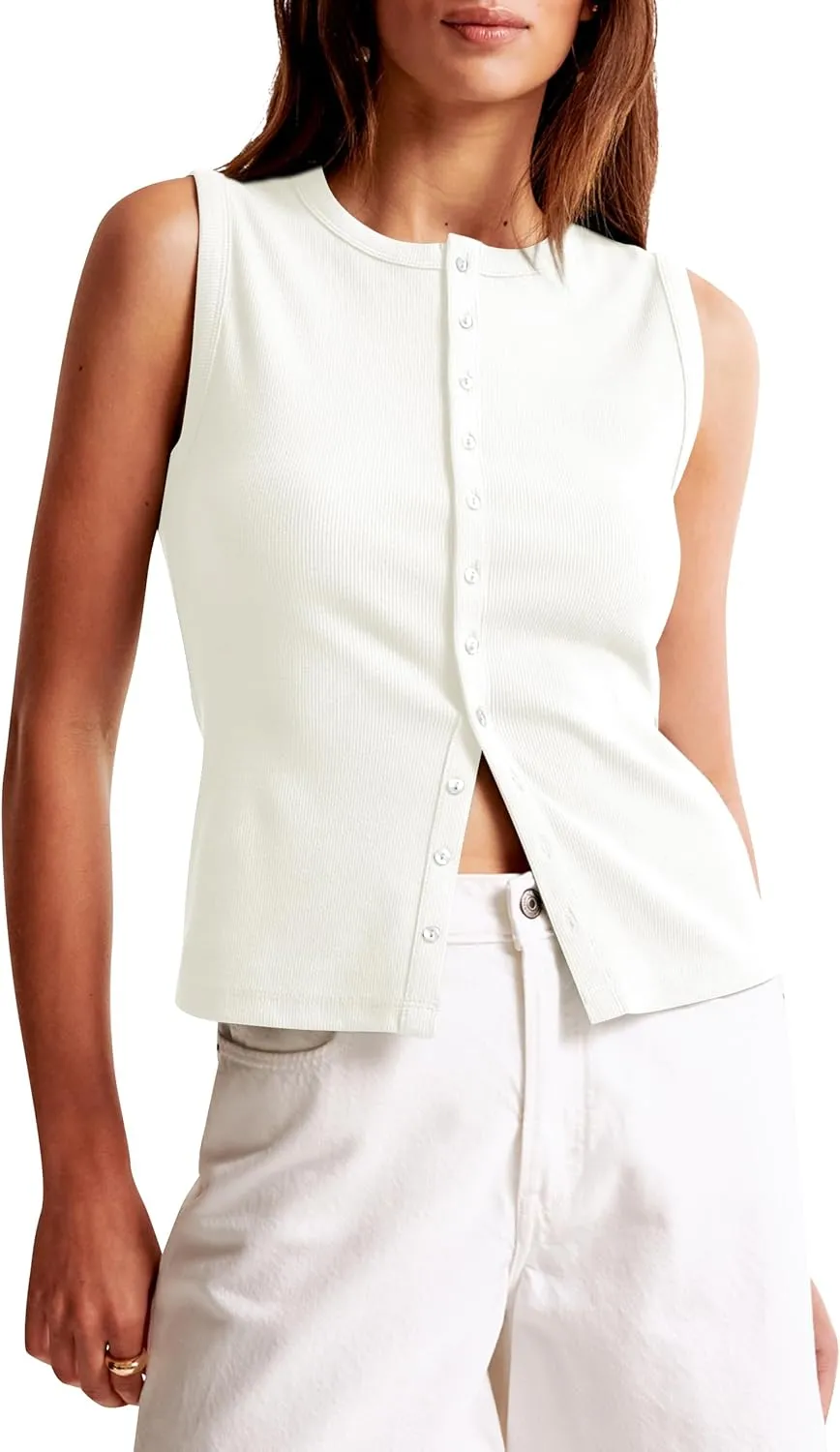 BAIGRAM Women Button Down Fitted Ribbed Tank Tops Cute Summer Sleeveless Vest Tops Going Out Y2K Trendy