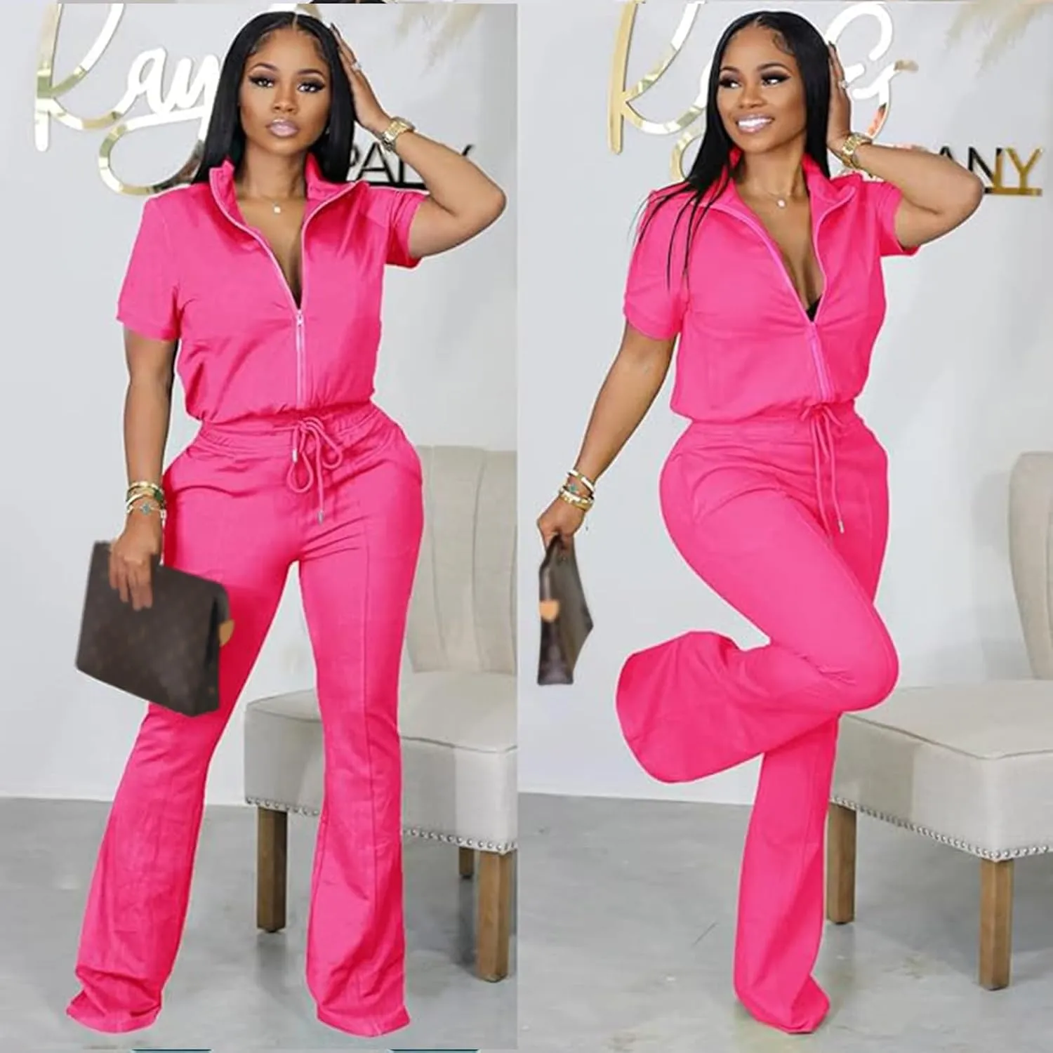 Batehif Women's Lounge Outfits Two Piece Sets 80s 90s Short Sleeve Zipper Top Flare Legging Pants