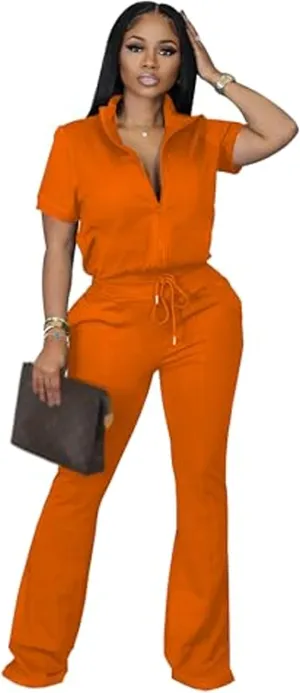 Batehif Women's Lounge Outfits Two Piece Sets 80s 90s Short Sleeve Zipper Top Flare Legging Pants