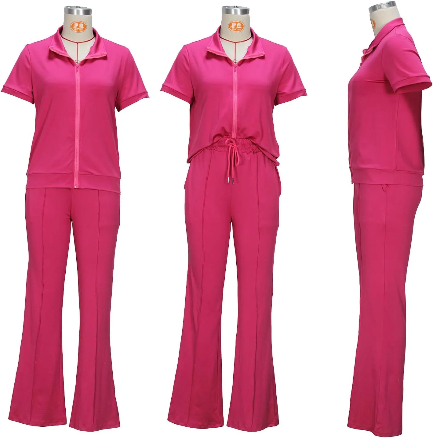 Batehif Women's Lounge Outfits Two Piece Sets 80s 90s Short Sleeve Zipper Top Flare Legging Pants