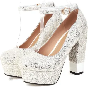 bbruriy Womens High Chunky Platform Closed Toe Block Heels Sequins Round Toe Ankle Strap Dress Wedding Party Pumps Fashion Heeled Shoes