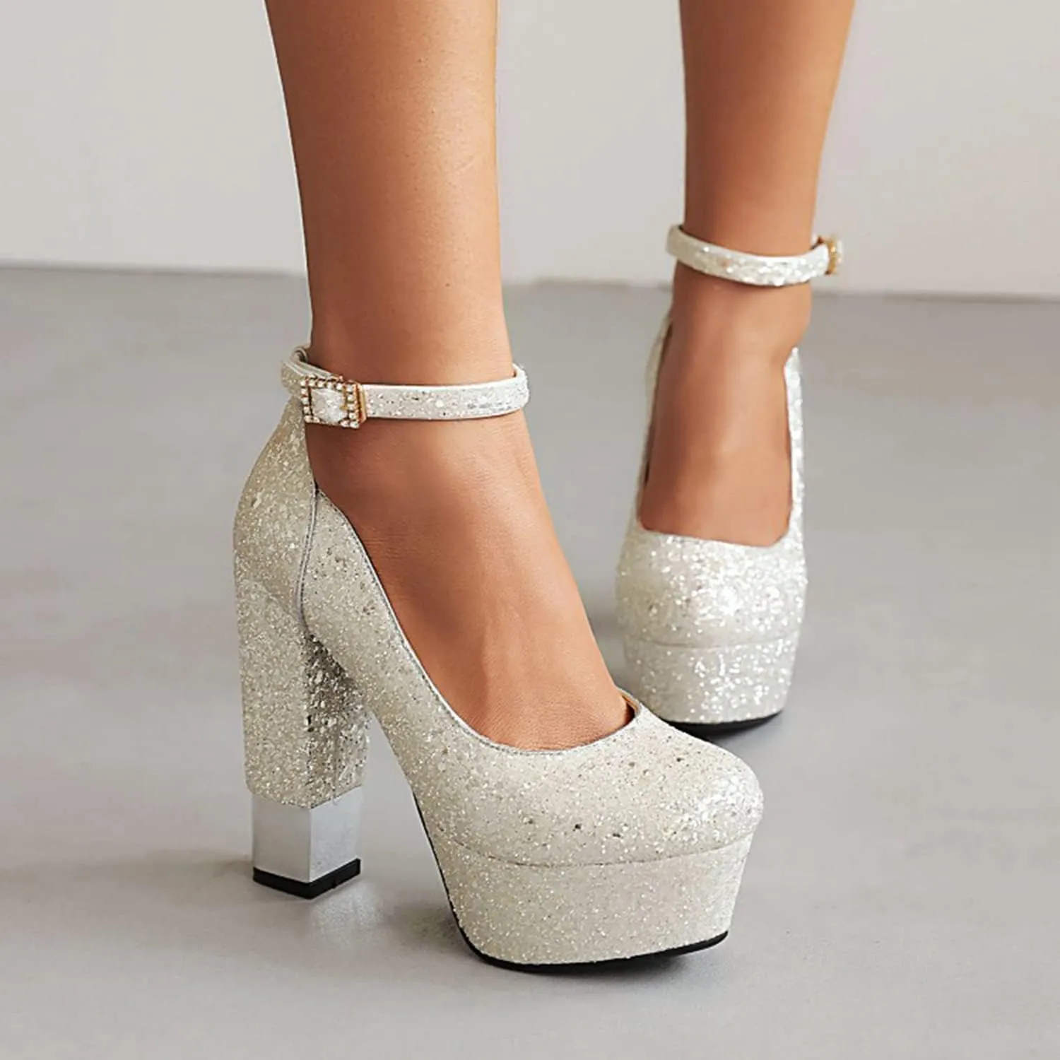 bbruriy Womens High Chunky Platform Closed Toe Block Heels Sequins Round Toe Ankle Strap Dress Wedding Party Pumps Fashion Heeled Shoes