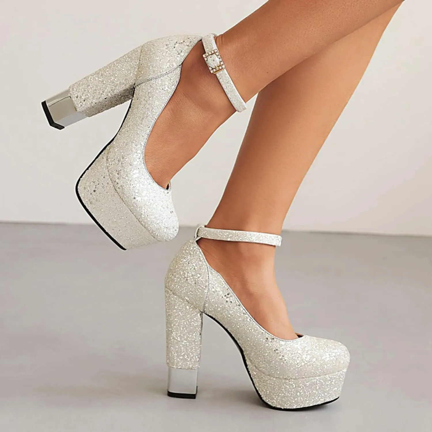 bbruriy Womens High Chunky Platform Closed Toe Block Heels Sequins Round Toe Ankle Strap Dress Wedding Party Pumps Fashion Heeled Shoes