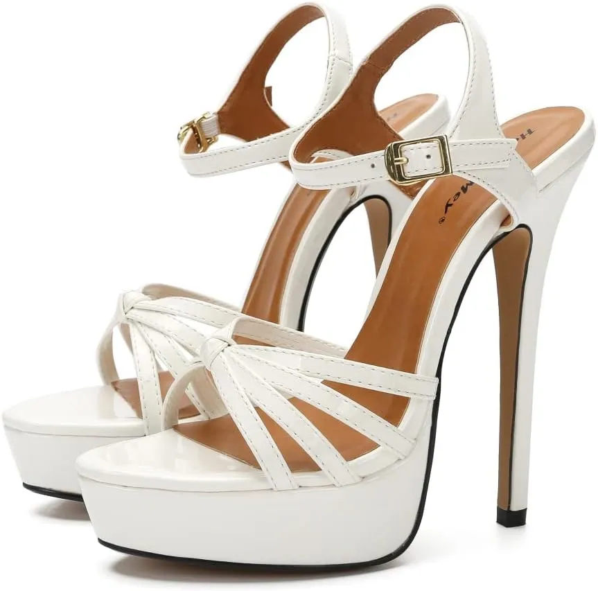 bbruriy Women's Platform Stiletto High Heels Dress Sandals Open Toe Ankle Strap Strappy Wedding Bridal Party Dance Shoes for Women Bride 6.3Inch/16Cm