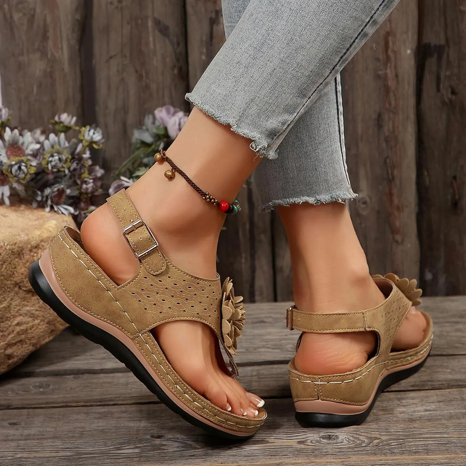 Black Sandals Women Flat Arch Support Womens Platform Wedge Sandals Casual Open Toe Comfortable Walking Beach Shoes