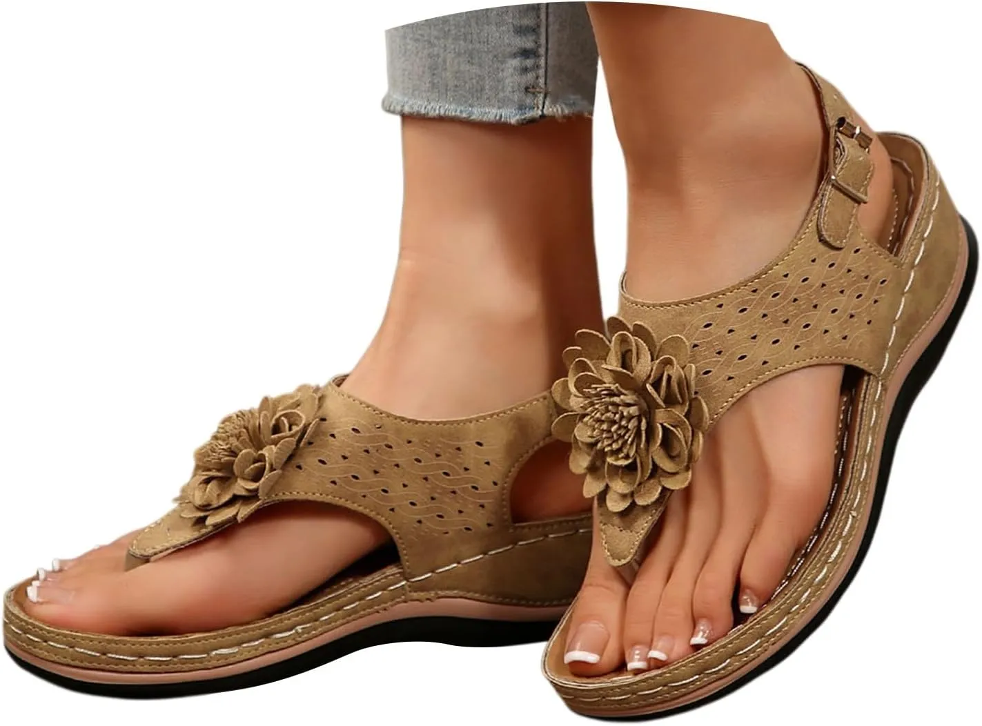 Black Sandals Women Flat Arch Support Womens Platform Wedge Sandals Casual Open Toe Comfortable Walking Beach Shoes