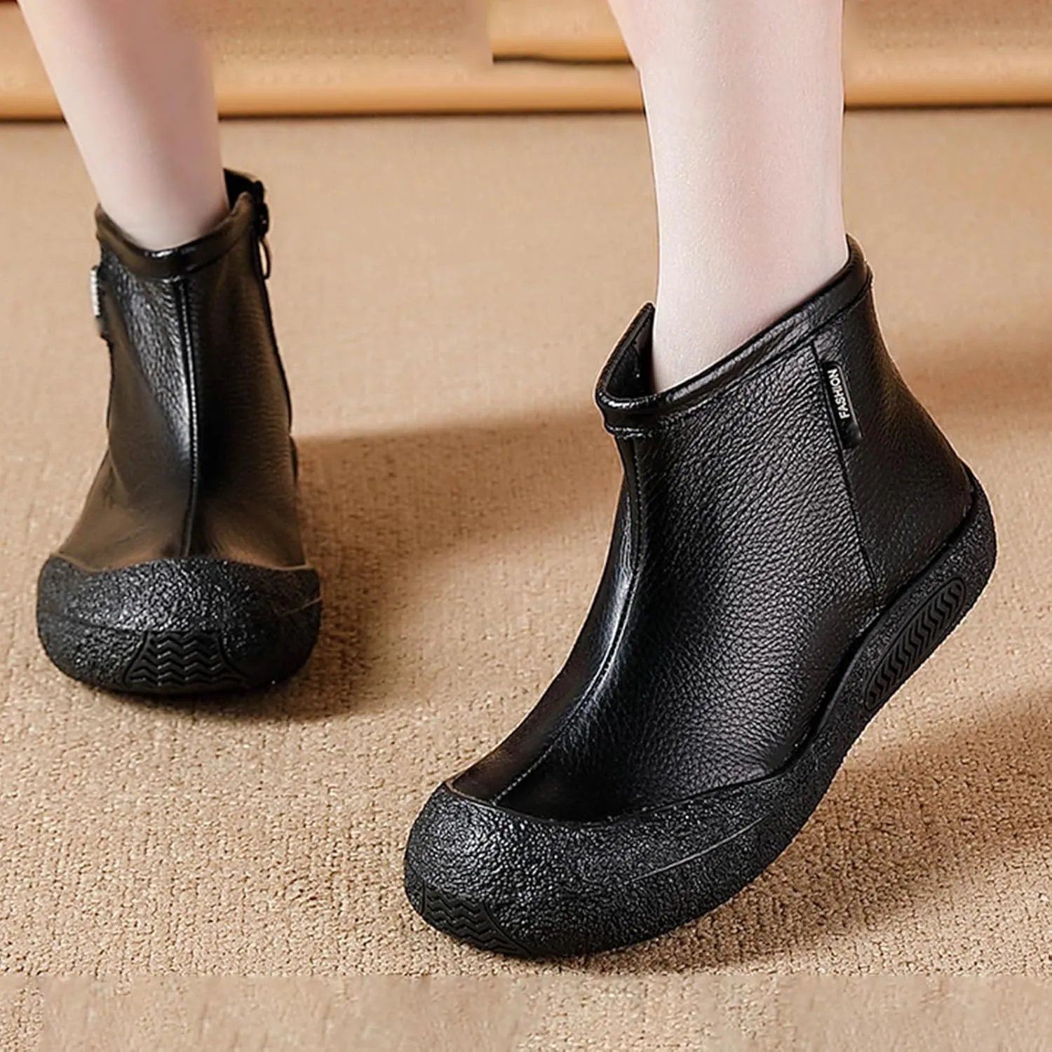 BlackeEight Women's Winter Leather Zipper Ankle-Support Boots,Comfy Warm Waterproof Non-slip Outdoor Barefoot Shoes Short Booties