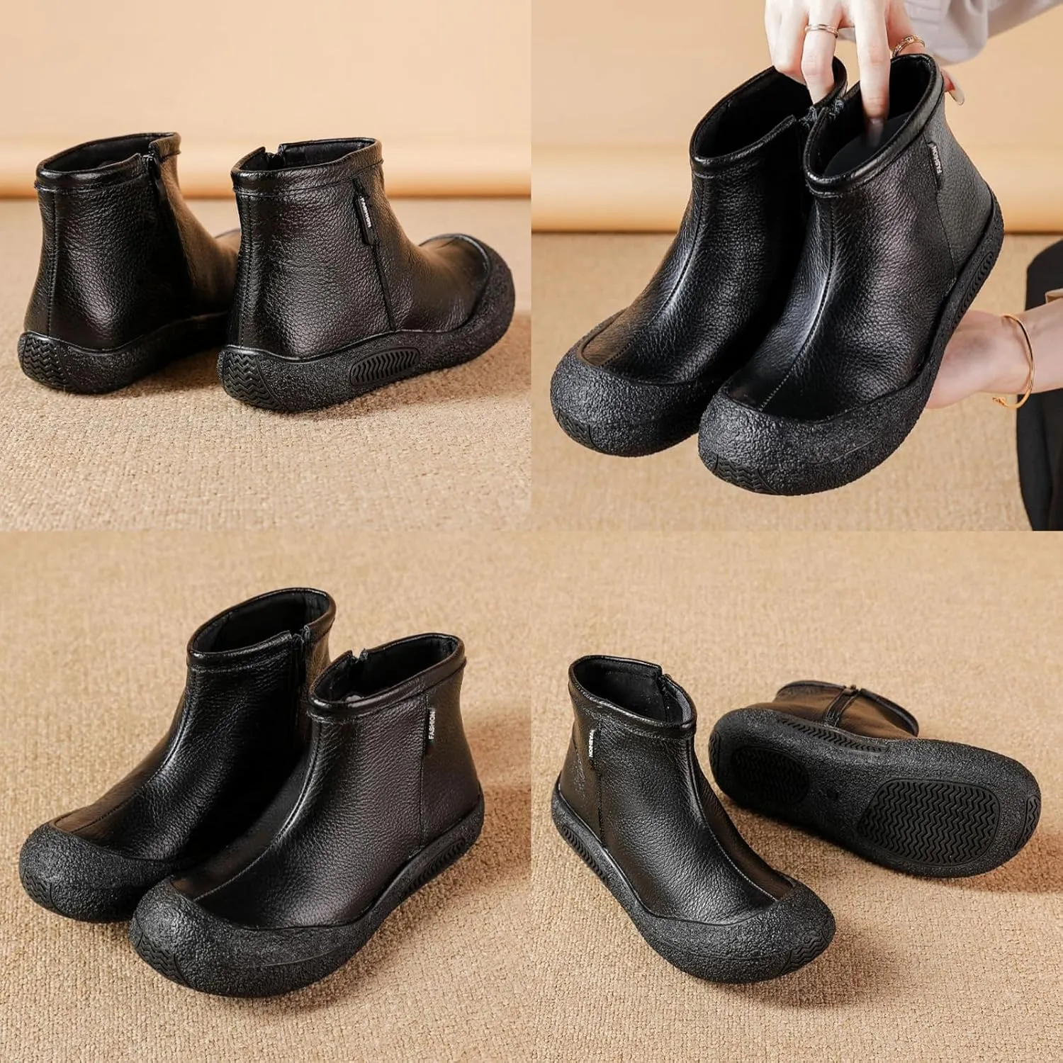 BlackeEight Women's Winter Leather Zipper Ankle-Support Boots,Comfy Warm Waterproof Non-slip Outdoor Barefoot Shoes Short Booties