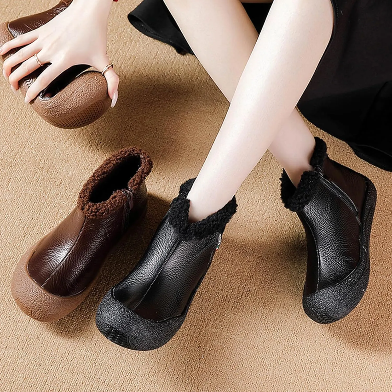 BlackeEight Women's Winter Leather Zipper Ankle-Support Boots,Comfy Warm Waterproof Non-slip Outdoor Barefoot Shoes Short Booties